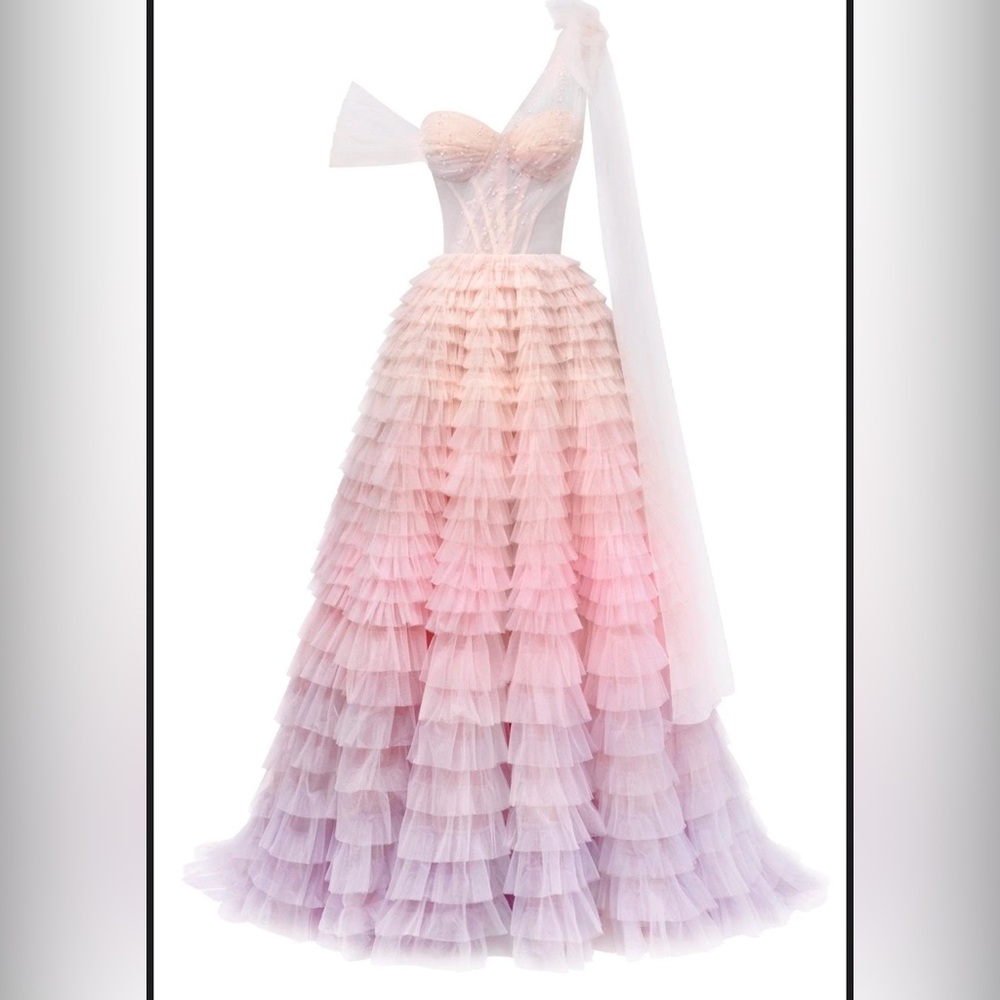 Milla Charming ball gown with the frill-layered ombre maxi skirt. Size Small.